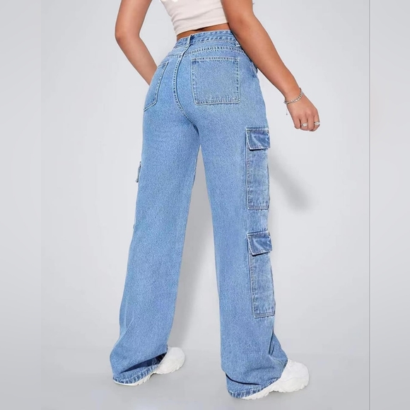 FLVSUN High Waist Jeans Cargo Flap Pocket Baggy - Picture 4 of 8